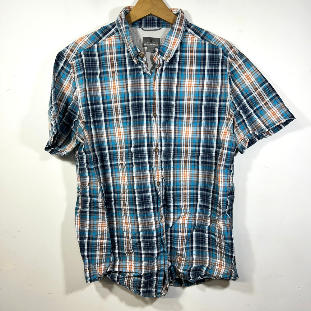 Royal Robbins Mens L Short Sleeved Button Down Shirt Blue Plaid Seersucker
